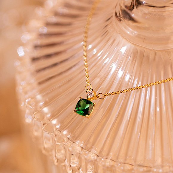 14k Gold Cushion Cut Malachite Necklace, Malachite Necklace, Charm Necklace Gift - Picture 1 of 9
